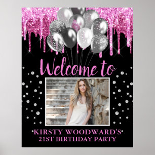 Poster Aniversário do Glitter e Balões de Derrame Rosa