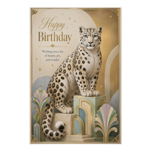 Pôster Aniversário do Leopardo da Neve Dourado Elegância