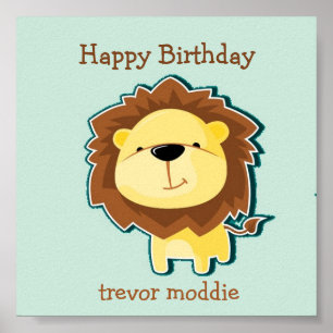 Poster Aniversário do padrão azul de leão bonito