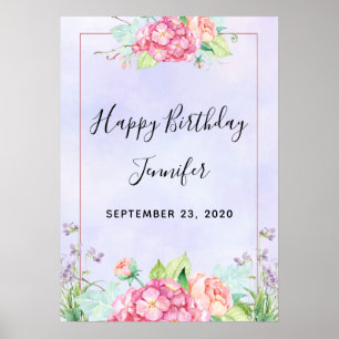 Poster Aniversário do Quadro Floral de Cor D'Água Rosa