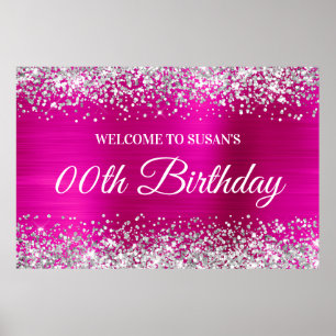 Poster Aniversário do Silver Glitter Hot Pink Foil