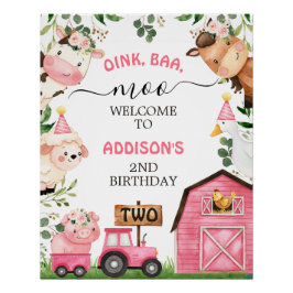 Pôster Aniversário do Trator de Barn Rosa fazenda
