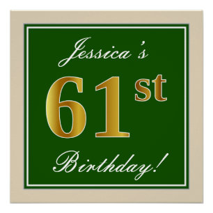 Pôster Aniversário Elegante, Verde, Faux Dourado 61 rua 