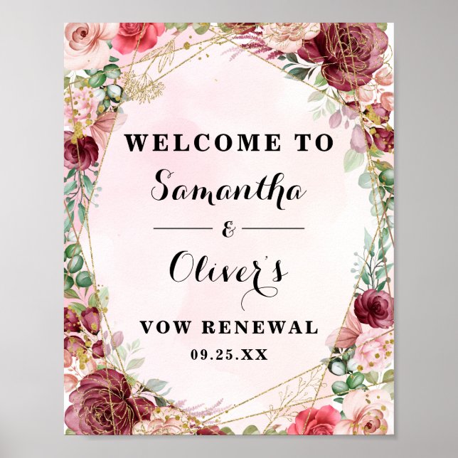 Poster Aniversário Floral do Rosa de Blush Burgundy (Frente)