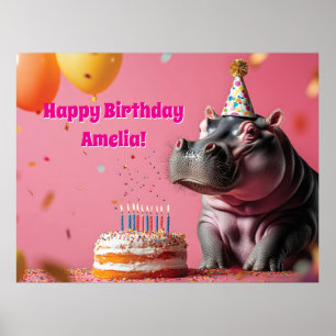 Poster Aniversário Hippo com Bolo e Balões