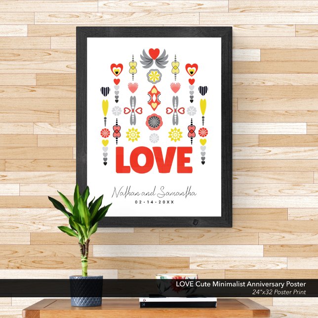 Poster Aniversário Minimalista do AMVE (LOVE - Cute Minimalist Poster with Hearts & Flowers: Customized with Your Names & Anniversary Date.)