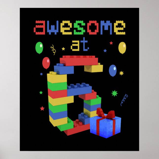 Poster Aniversário Para Crianças 6 Blocos De Construção B (Frente)