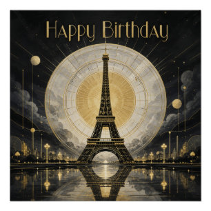Pôster Aniversário Paris Torre Eiffel Dourado Deco