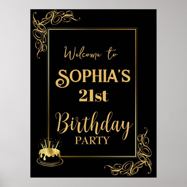 Poster Aniversário Preto e Dourado Personalizado (Frente)