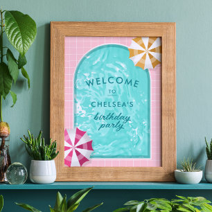 Poster Aniversário rosa do Partido da Piscina de Palm Pri