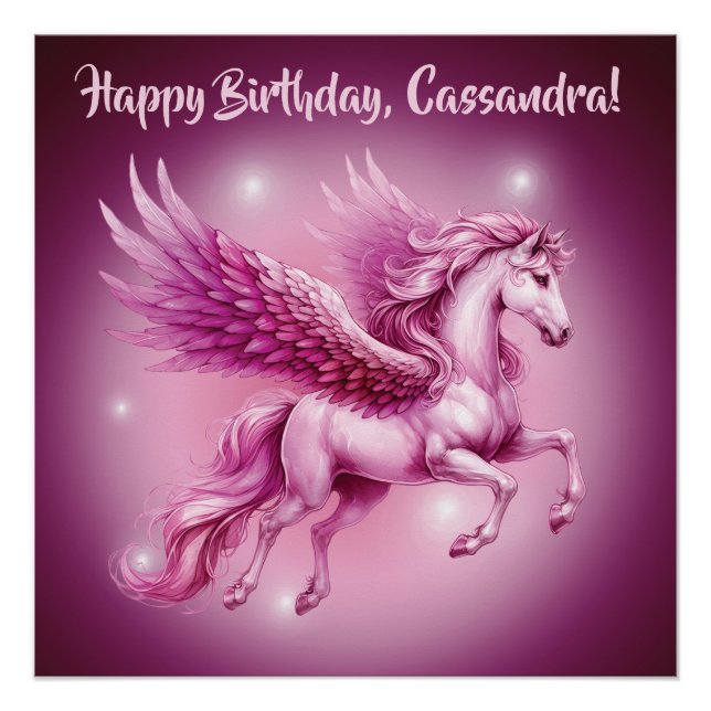 Pôster Aniversário Rosa Pegasus Fantasy Design Glossy (Frente)