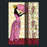 Poster ANJANETTE: Arte Deco Fashion em Rosa e Amarelo<br><div class="desc">Anjanette é outra em nossa série de silhuetas. Ela está para além de um primeiro plano de arte de trabalho em ferro e vidro e em frente a um wallpaper floral - em silhueta branca - que combina com o design floral de seu ventilador. Seu vestido é um redesenho de...</div>