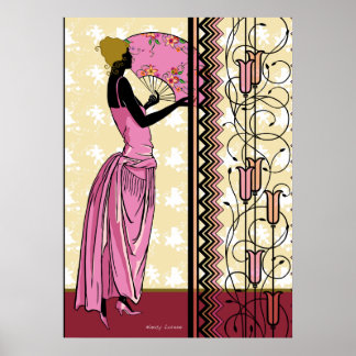 Poster ANJANETTE: Arte Deco Fashion em Rosa e Amarelo