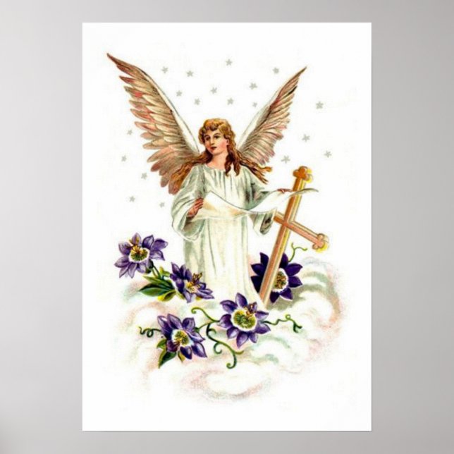 Poster Anjo Com Cruz E Flores De Clematite  (Frente)