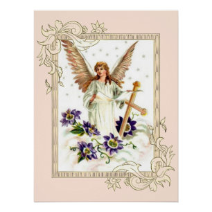 Pôster Anjo Com Cruz E Flores De Clematite Poster