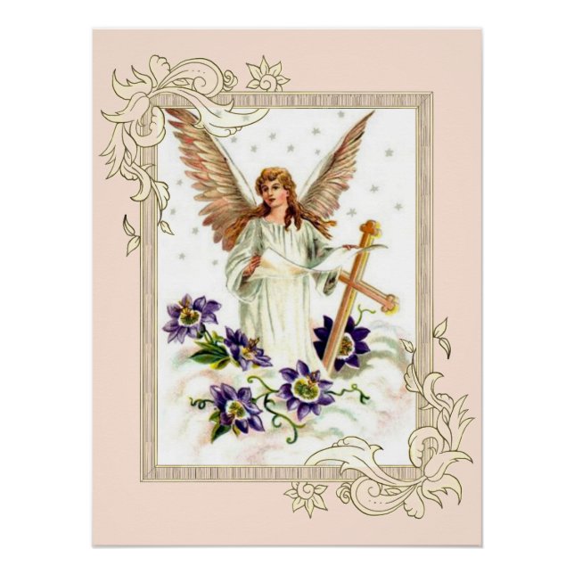 Pôster Anjo Com Cruz E Flores De Clematite Poster (Frente)