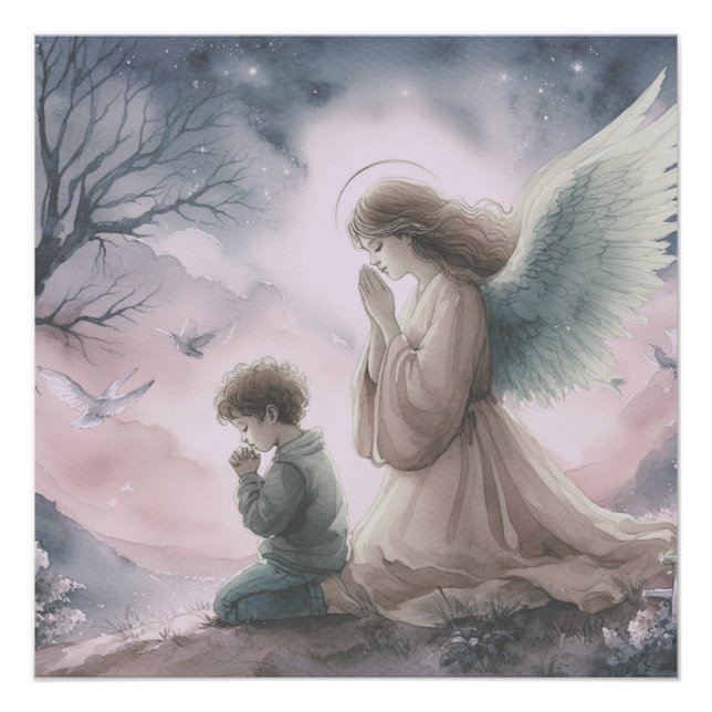Pôster Anjo da guarda e criança rezando juntos (Frente)