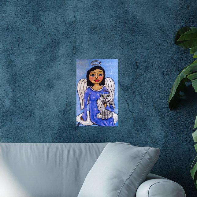 Pôster Anjo e Gato Em Uma Nuvem (Angel blue dress on cloud holding white angel cat on sky blue art wall poster.)