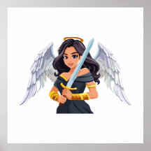 Anjo feminino fofo com asas abertas e espada