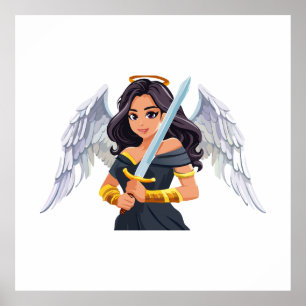 Poster Anjo feminino fofo com asas abertas e espada