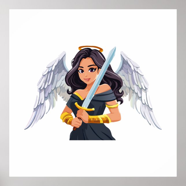 Poster Anjo feminino fofo com asas abertas e espada (Frente)