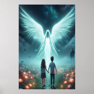 Poster Anjo Guardião + Duas Crianças Caminhando por um Ca