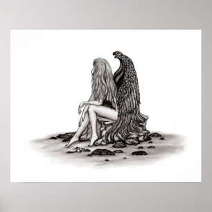 Poster Anjo, perdido no pensamento, design preto e branco