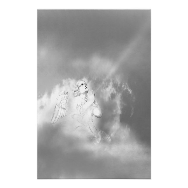 Pôster Anjo Preto Branco Cinza nas Nuvens Rezando (Frente)
