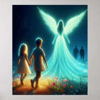 Poster Anjo Protegendo Duas Crianças Pequenas à Noite