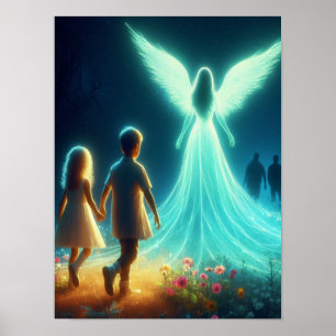 Poster Anjo Protegendo Duas Crianças Pequenas à Noite