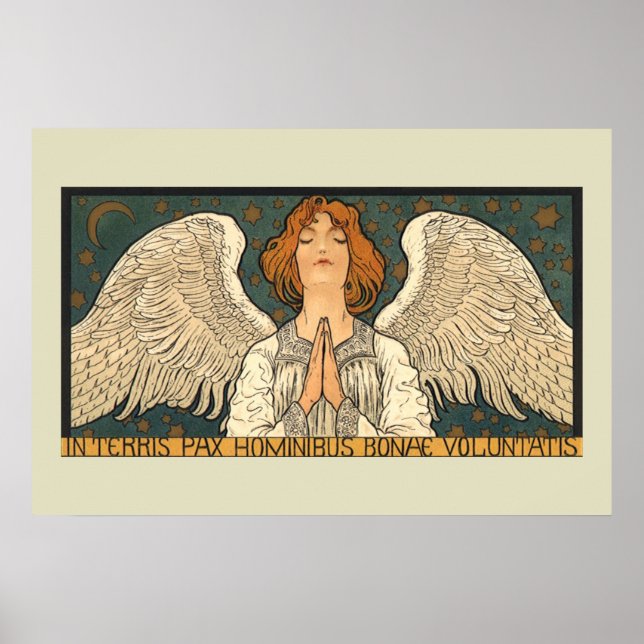 Pôster Anjo Religioso Antigo Rezando com Estrelas Dourada (Frente)