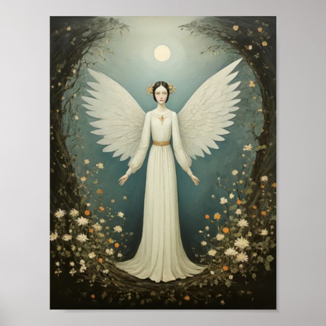 Poster Anjo sagrado com asas, entre flores (Frente)