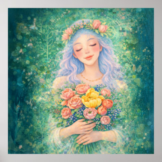 Poster Anjo Sonhador com Flores – Arte de Fantasia Verde