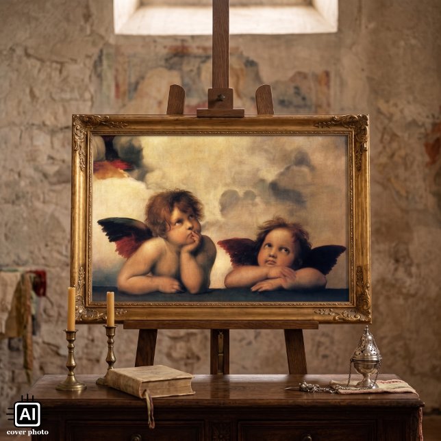 Pôster Anjos da Madona Sixtina por Rafael Sanzio (Sistine Madonna (detail) by Raphael is a vintage Renaissance fine art religious portrait painting.)