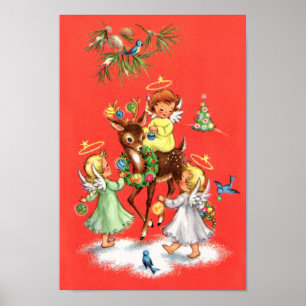 Poster anjos e renas de Natal retrô vintage