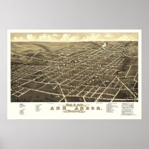 Pôster Ann Arbor, mapa panorâmico do MI - 1880
