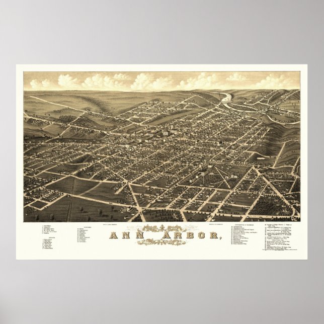 Pôster Ann Arbor, MI Panorâmica Map - 1880 (Frente)