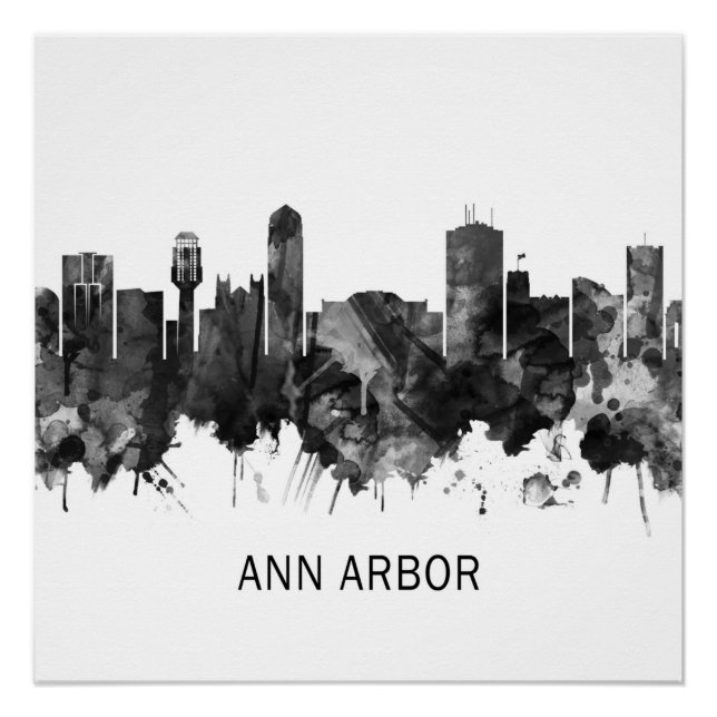 Pôster Ann Arbor Michigan Skyline BW (Frente)