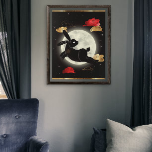 Poster Ano Lunar da Lua do Coelho Preto Vermelho Dourado