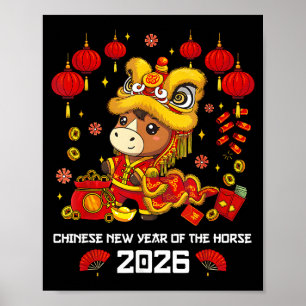Poster Ano Novo Chinês do Cavalo 2026 Dança do Leão Fofa