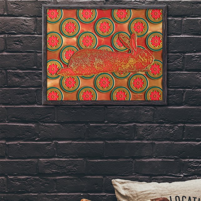 Poster Ano Novo Coelho Padrão Verde Dourado Vermelho Chin (Criador carregado)