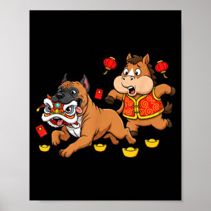 Poster Ano Novo Feliz Cavalos Chineses Cane Corso Criança