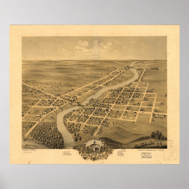 Pôster Anoka Minnesota 1869 Mapa Panorâmico Antiquado (Frente)
