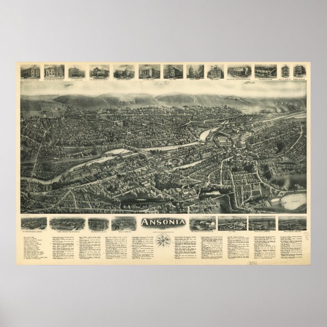Pôster Ansonia Connecticut 1921 Mapa Panorâmico Antiquado (Frente)