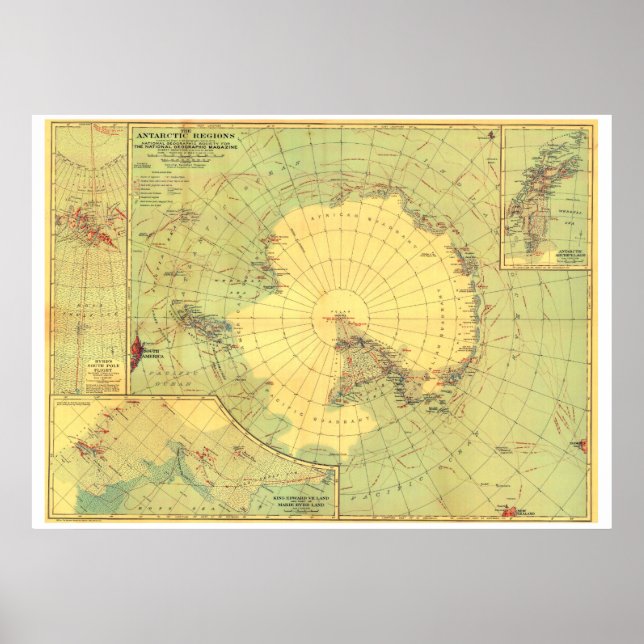 Poster "Antártica: 1932 Mapa das Regiões do Polo Sul ... (Frente)
