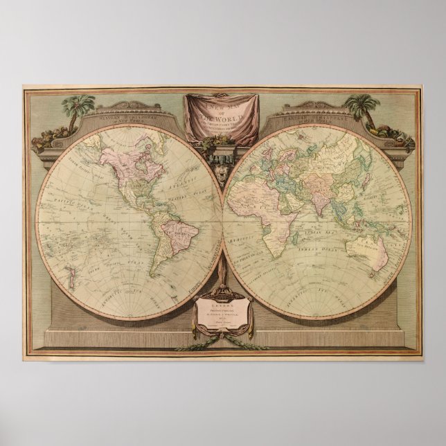 Pôster Antecipado Mapa Mundial de 1808 por Laurie e Whitt (Frente)