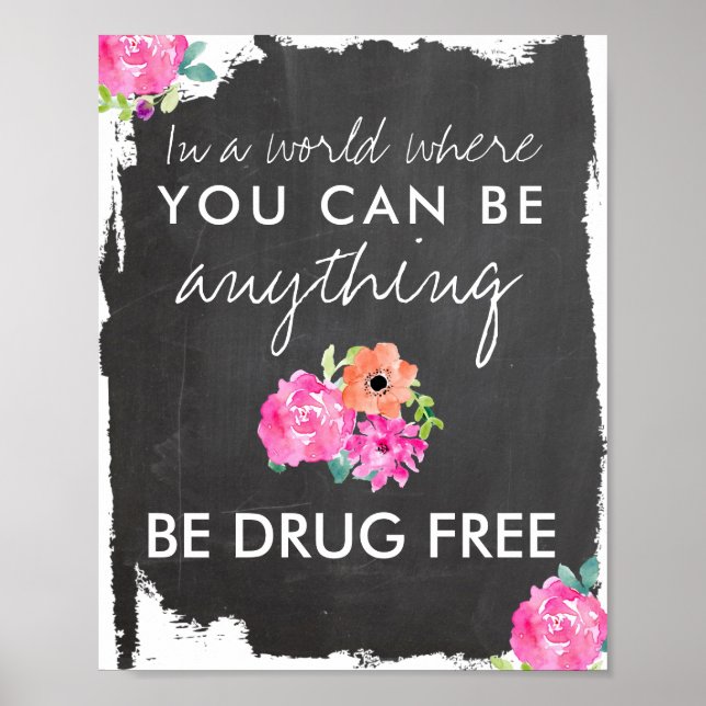 Poster Anti-Drogas Chalkboard e Floral Sejam livres de dr (Frente)