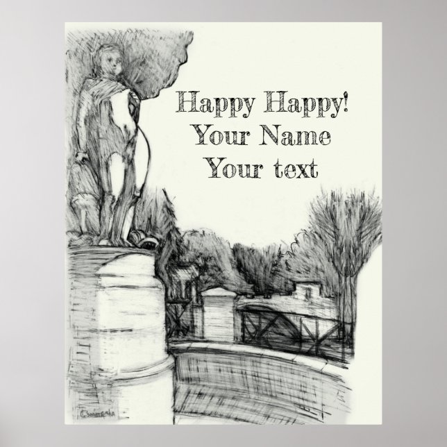 Poster Antiga fonte no parque com o menino da escultura (Frente)