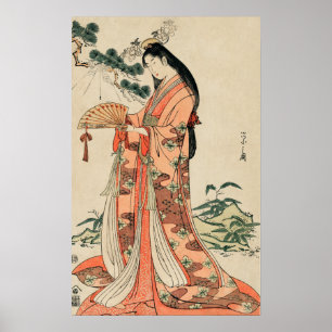 Poster Antiga Madeira japonesa desenhando com Geisha