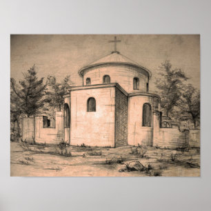 Poster antigo da arte do lápis da igreja da